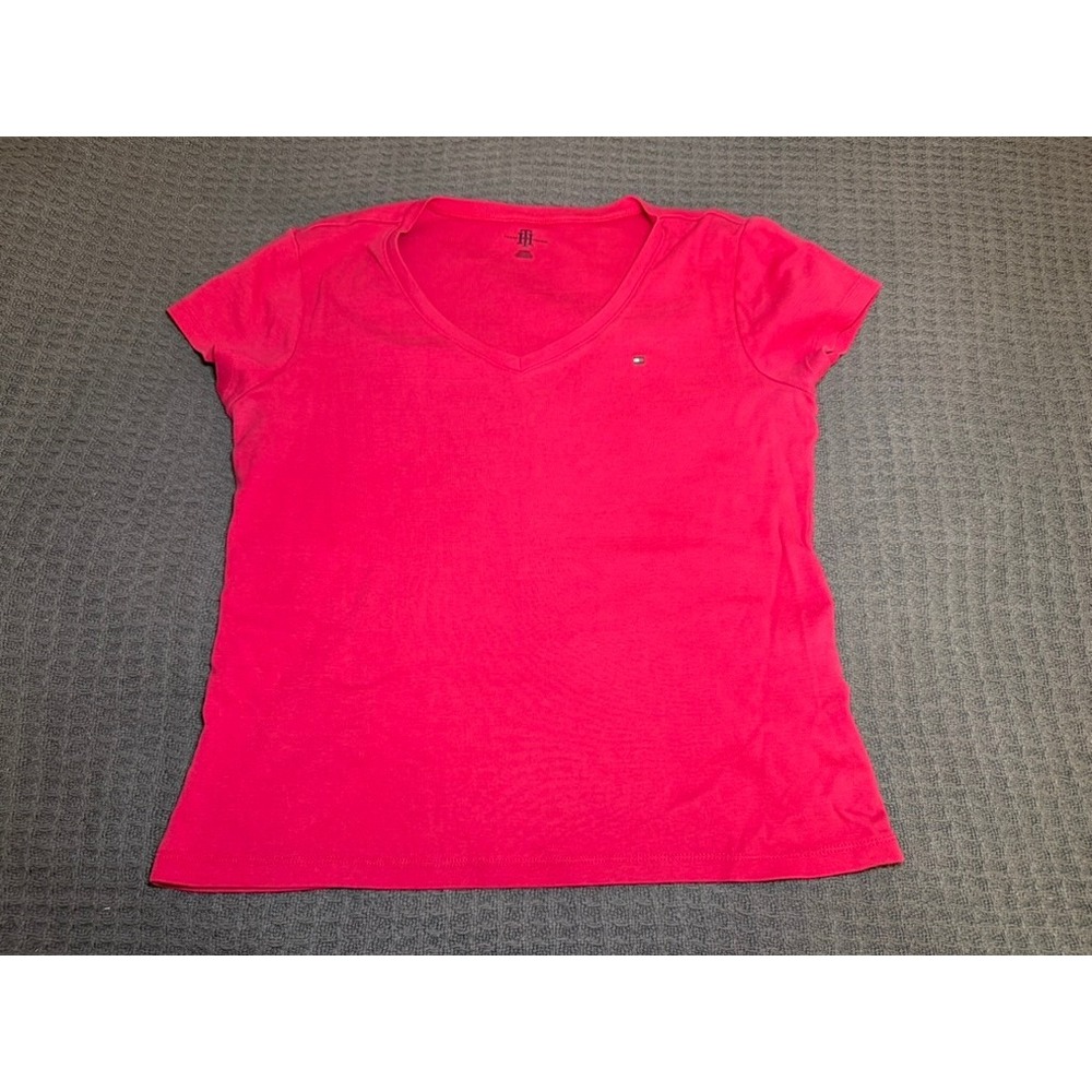 Tommy Hilfiger V-Neck T-Shirt Pink Women XL Short Sleeve Logo Tee